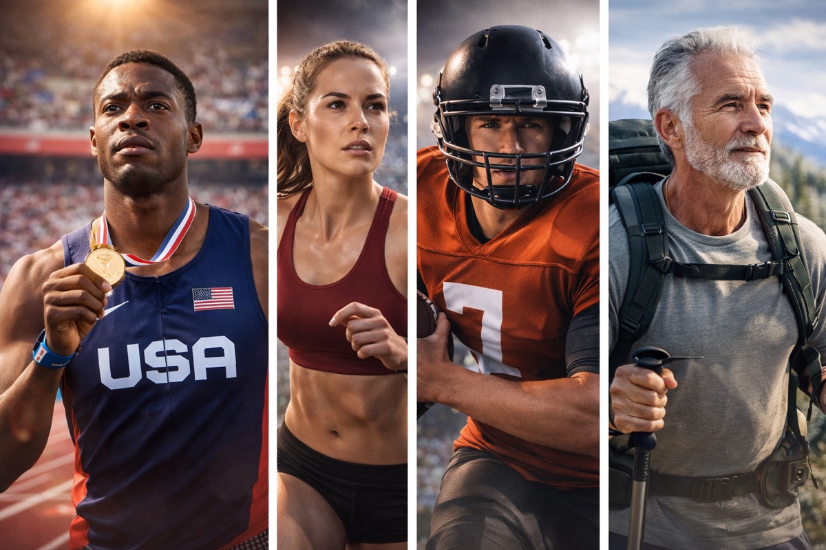 Athletes across disciplines and ages — an Olympic sprinter, a track athlete, a football player, and an older hiker