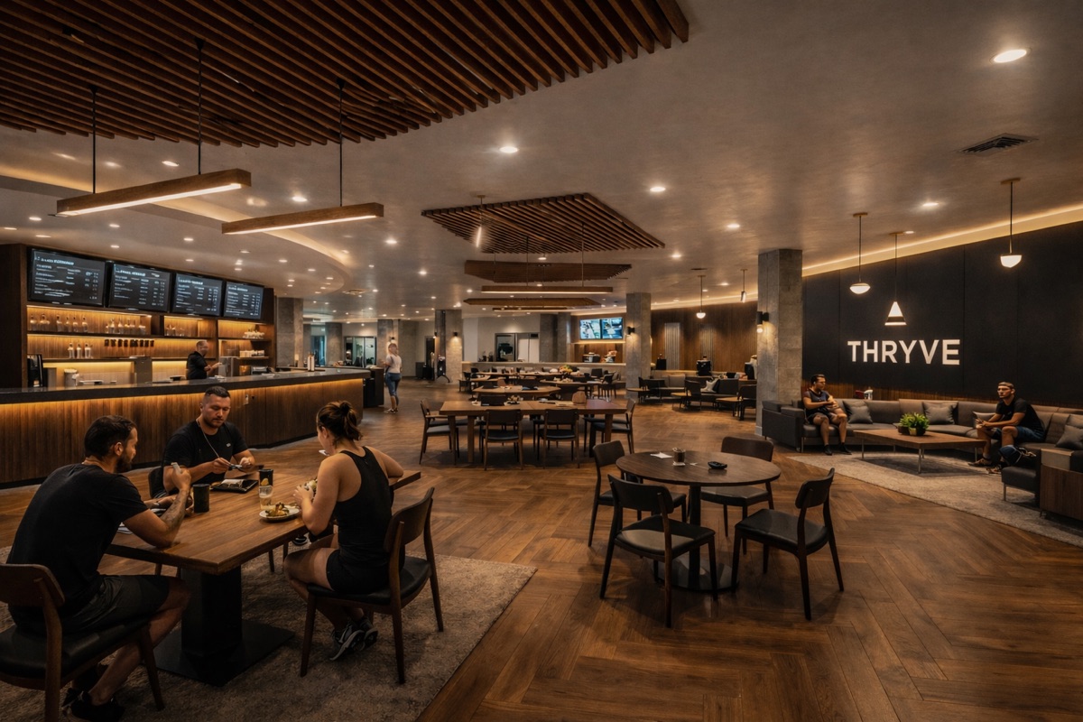 Rendering of the THRYVE dining hall and social hub