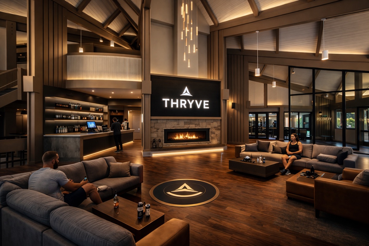 Rendering of the great-room lounge with fireplace